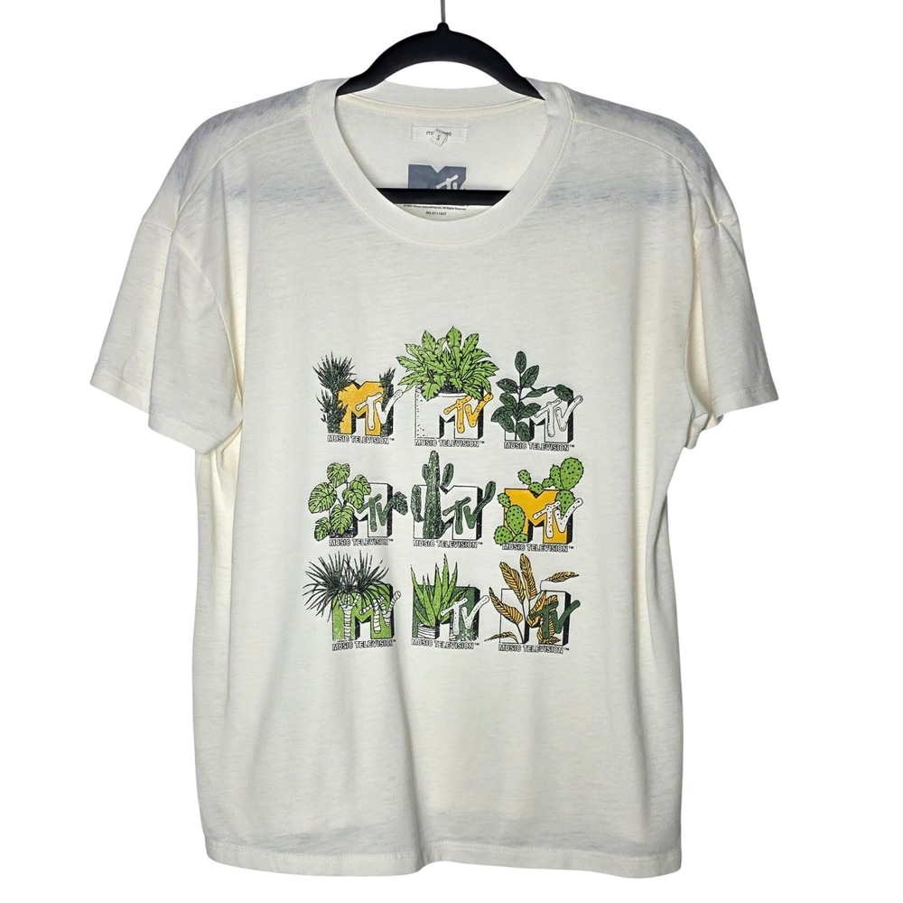 Maurices MTV Plant Graphic Tee Shirt Cream White Size S Cactus Succulent Retro